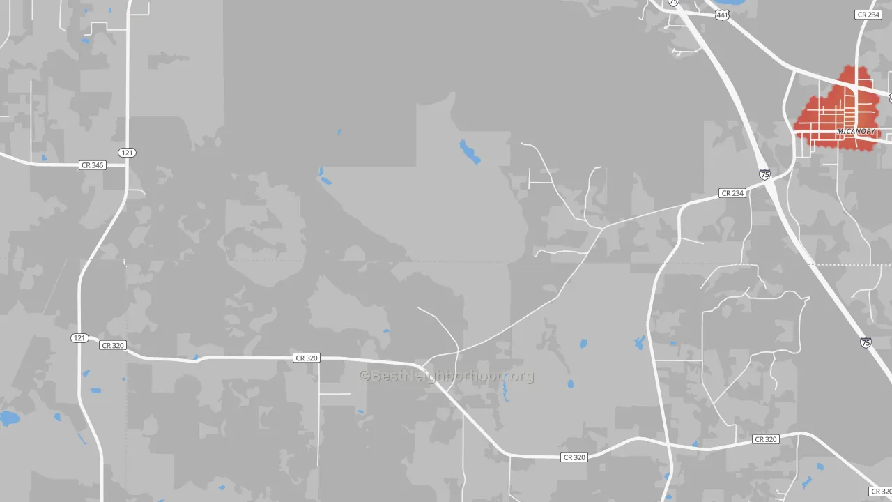 Walk Grade map of Wacahoota, FL, walkable areas in green and car-dependent areas in red