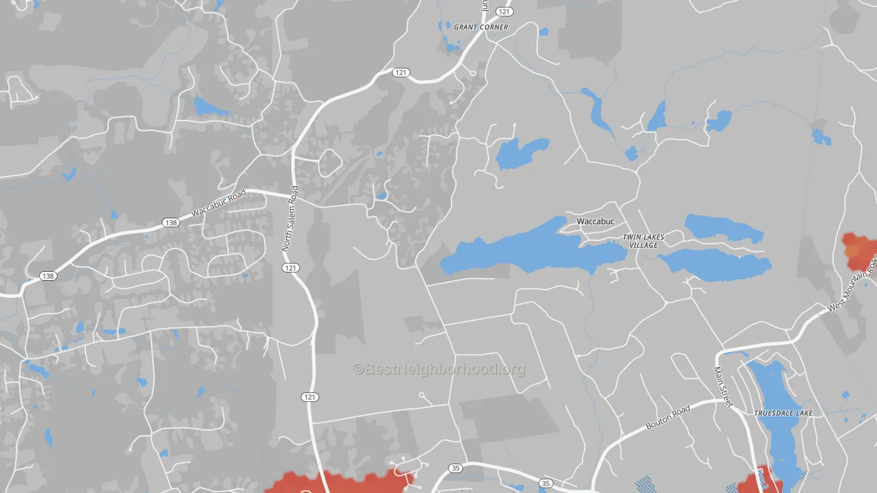 Walk Grade map of Waccabuc, NY, walkable areas in green and car-dependent areas in red