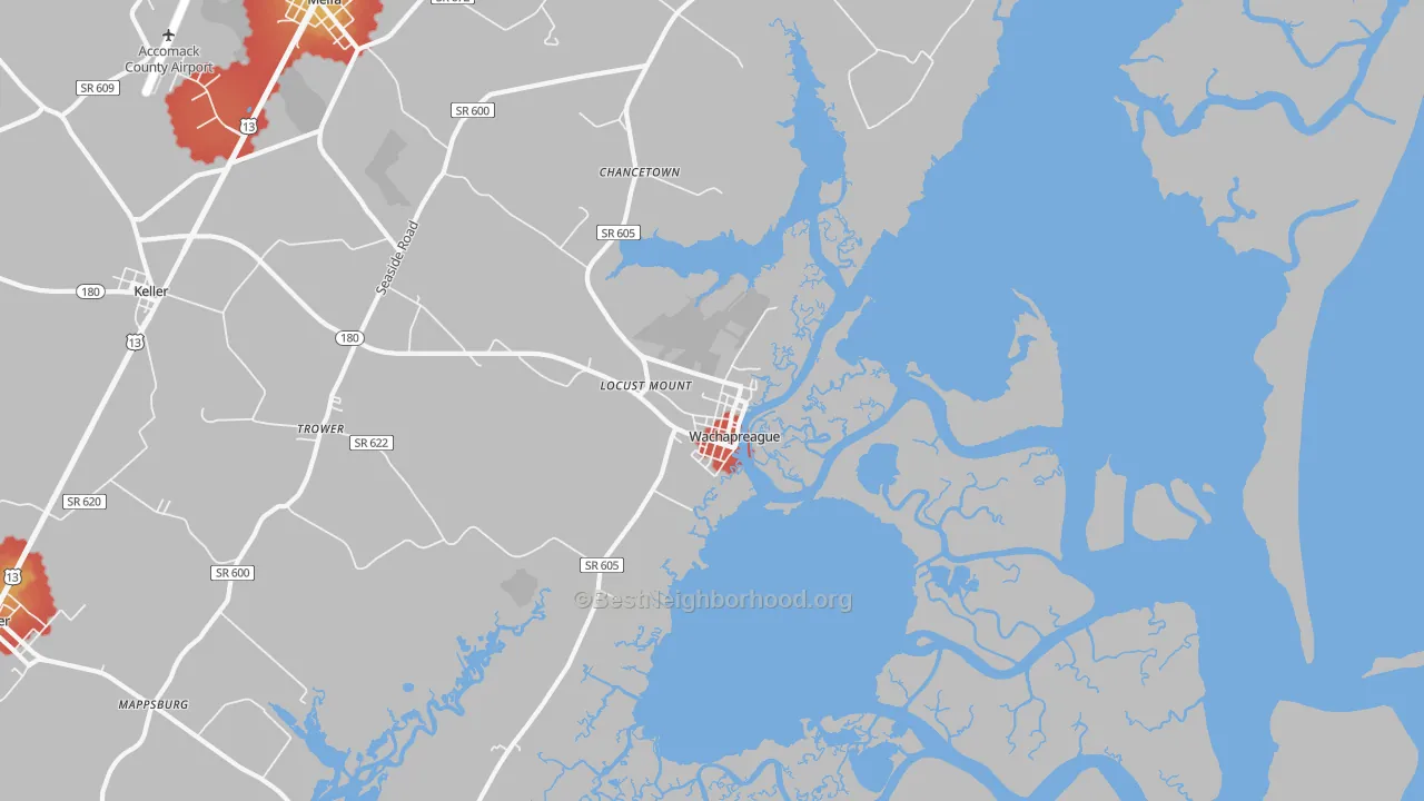 Walk Grade map of Wachapreague, VA, walkable areas in green and car-dependent areas in red