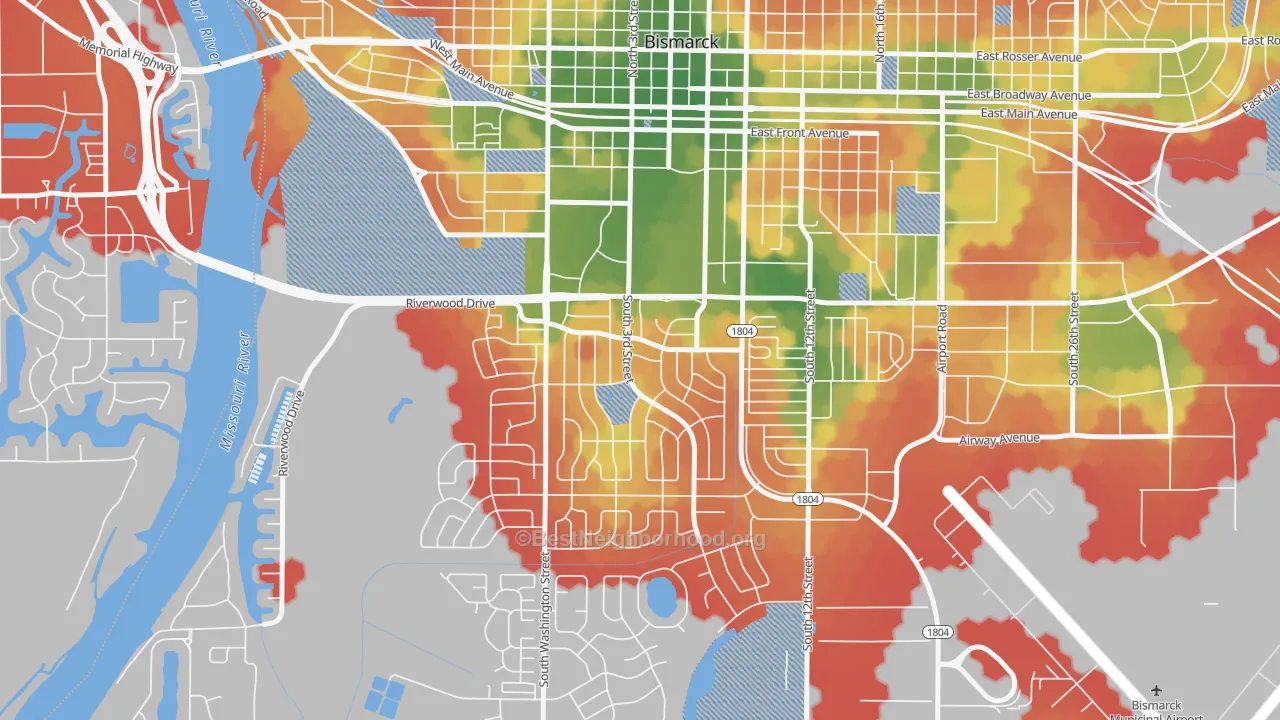 Walk Grade map of Wachter's, Bismarck, ND, walkable areas in green and car-dependent areas in red