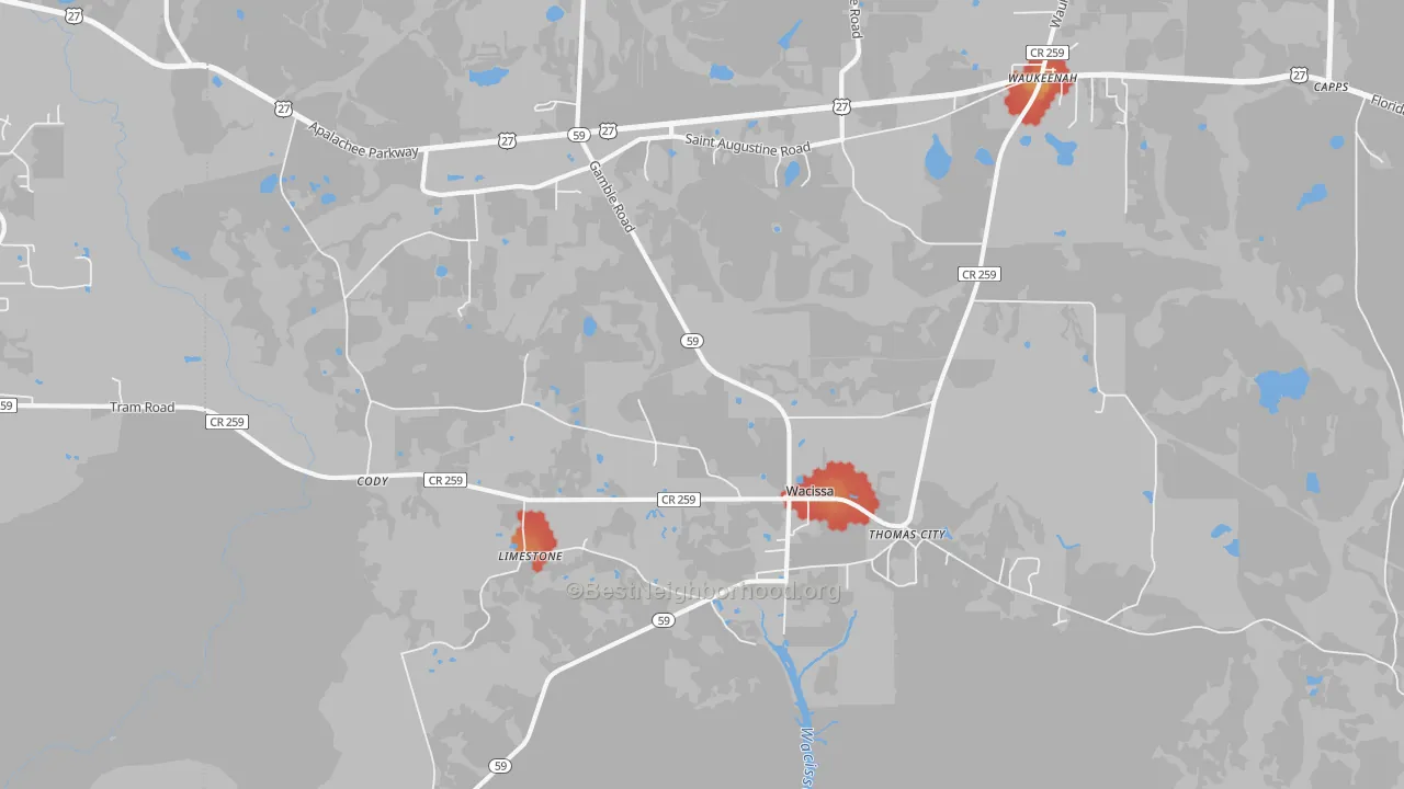 Walk Grade map of Wacissa, FL, walkable areas in green and car-dependent areas in red