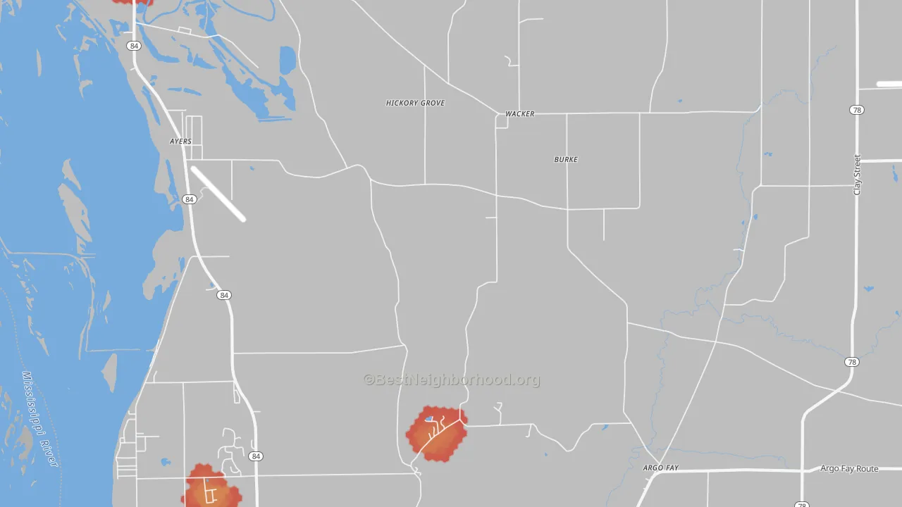 Walk Grade map of Wacker, IL, walkable areas in green and car-dependent areas in red