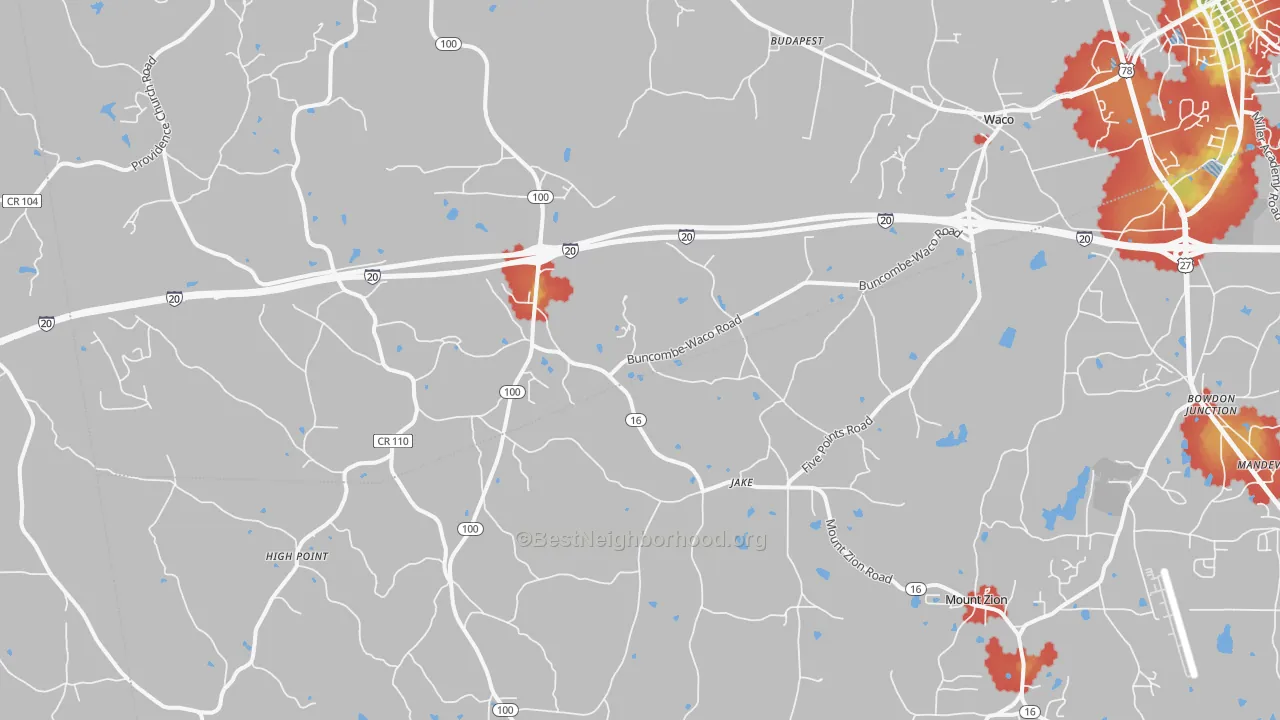 Walk Grade map of Waco, GA, walkable areas in green and car-dependent areas in red