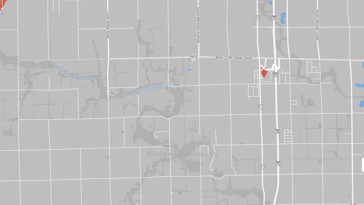 Walk Grade map of Waco, KS, walkable areas in green and car-dependent areas in red