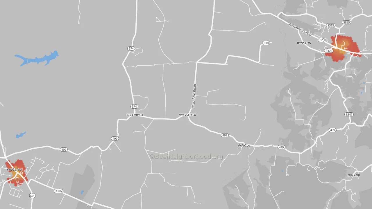 Walk Grade map of Waco, KY, walkable areas in green and car-dependent areas in red