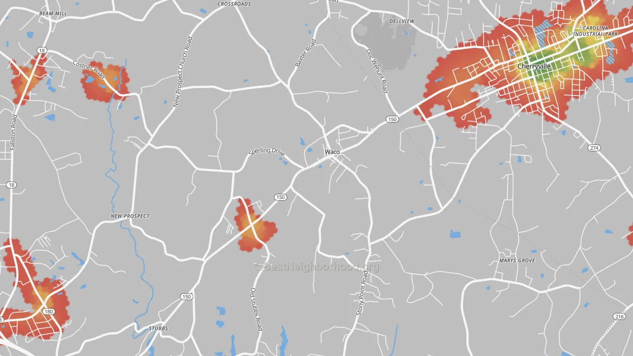 Walk Grade map of Waco, NC, walkable areas in green and car-dependent areas in red