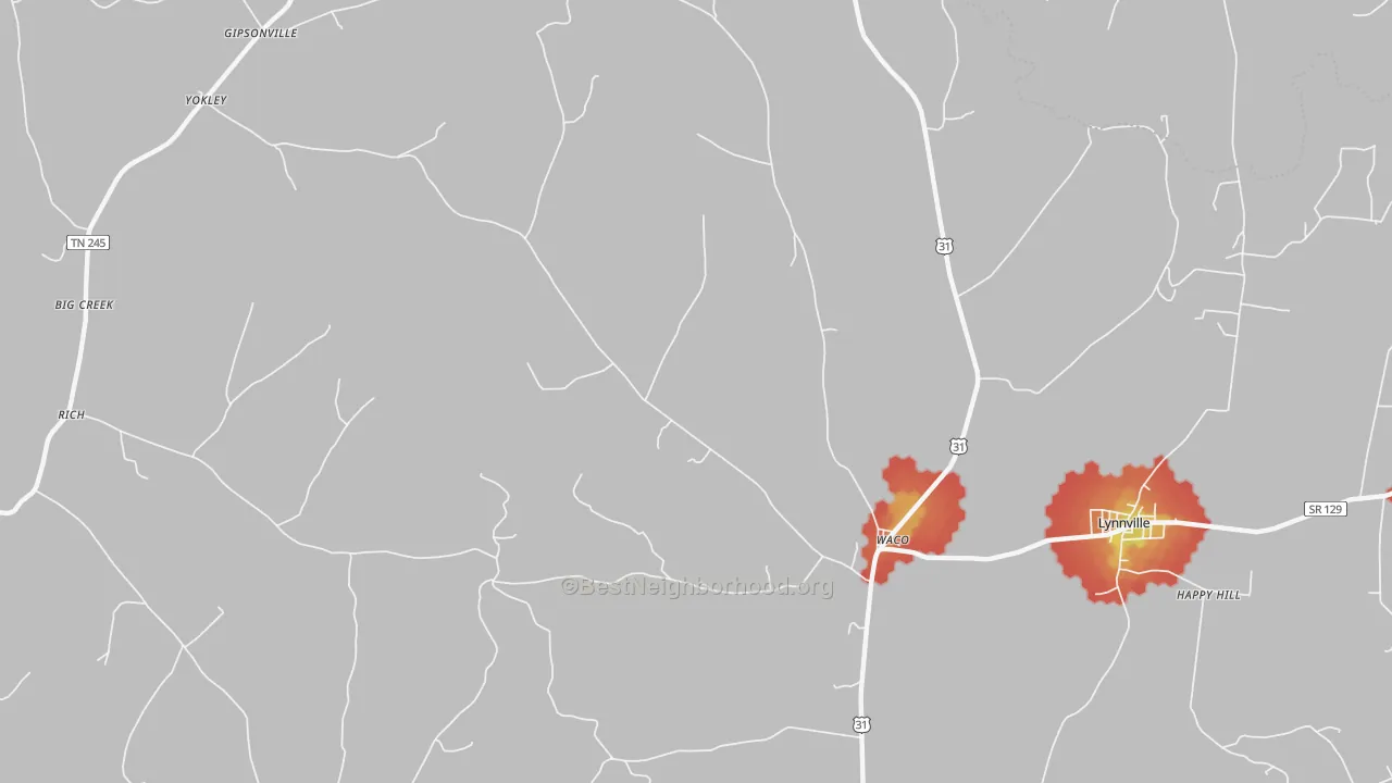 Walk Grade map of Waco, TN, walkable areas in green and car-dependent areas in red
