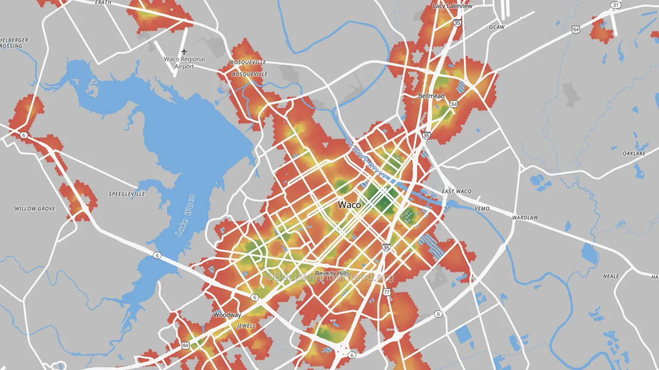 Walk Grade map of Waco, TX, walkable areas in green and car-dependent areas in red