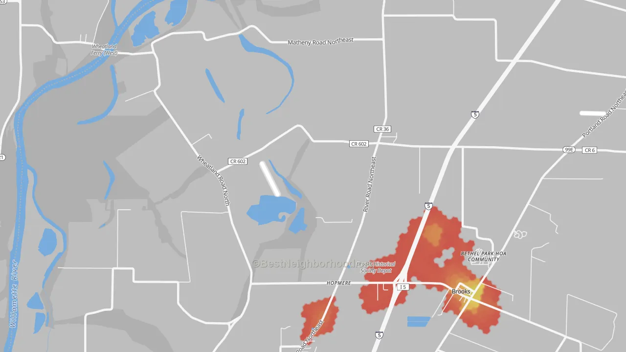 Walk Grade map of Waconda, OR, walkable areas in green and car-dependent areas in red