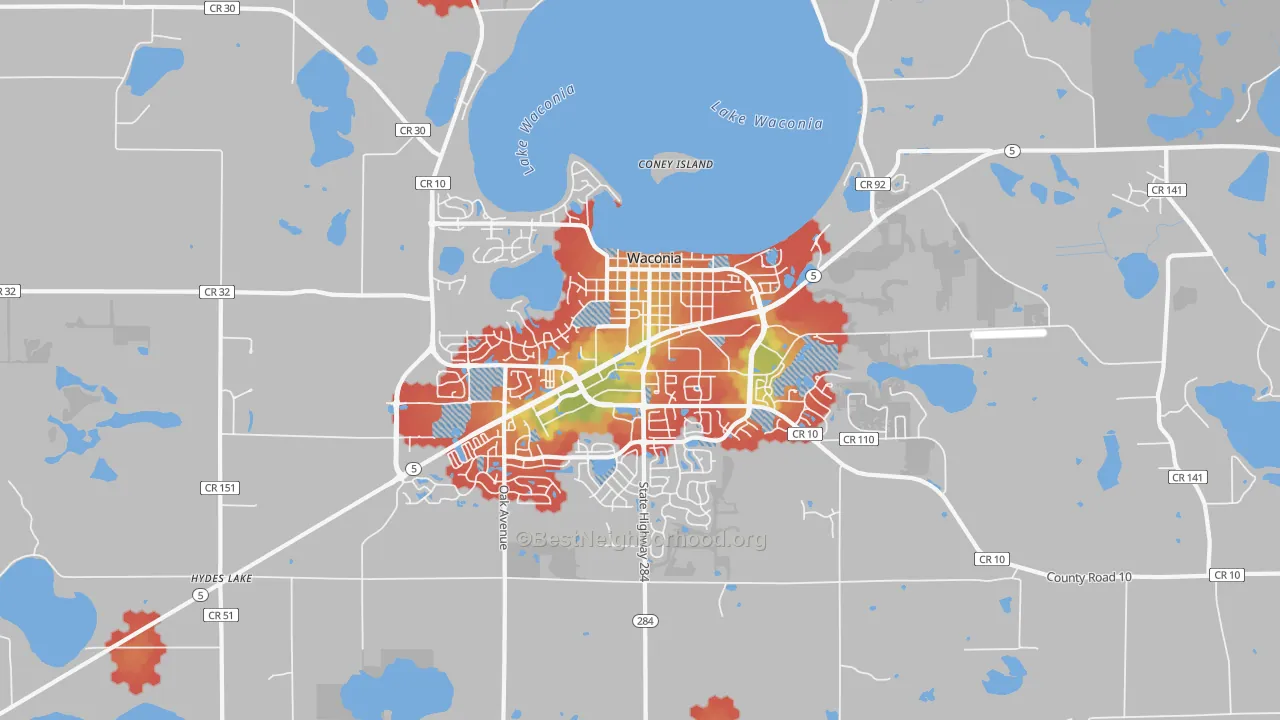 Walk Grade map of Waconia, MN, walkable areas in green and car-dependent areas in red