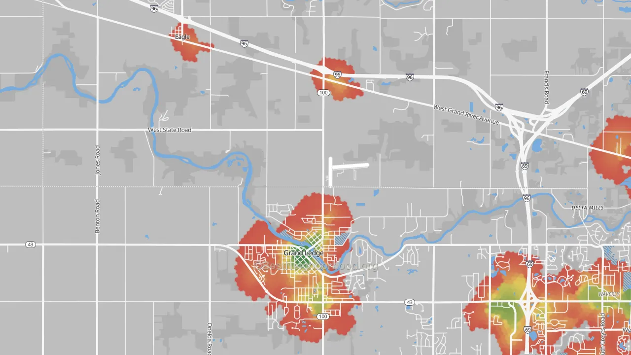 Walk Grade map of Wacousta, MI, walkable areas in green and car-dependent areas in red