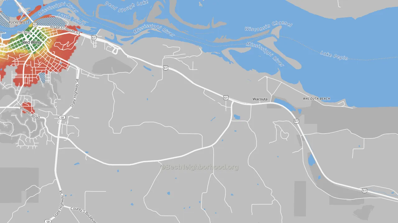 Walk Grade map of Wacouta, MN, walkable areas in green and car-dependent areas in red