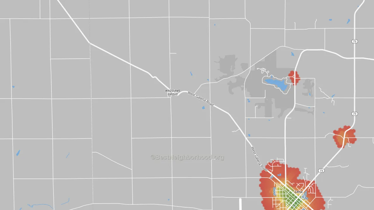 Walk Grade map of Waddams Grove, IL, walkable areas in green and car-dependent areas in red