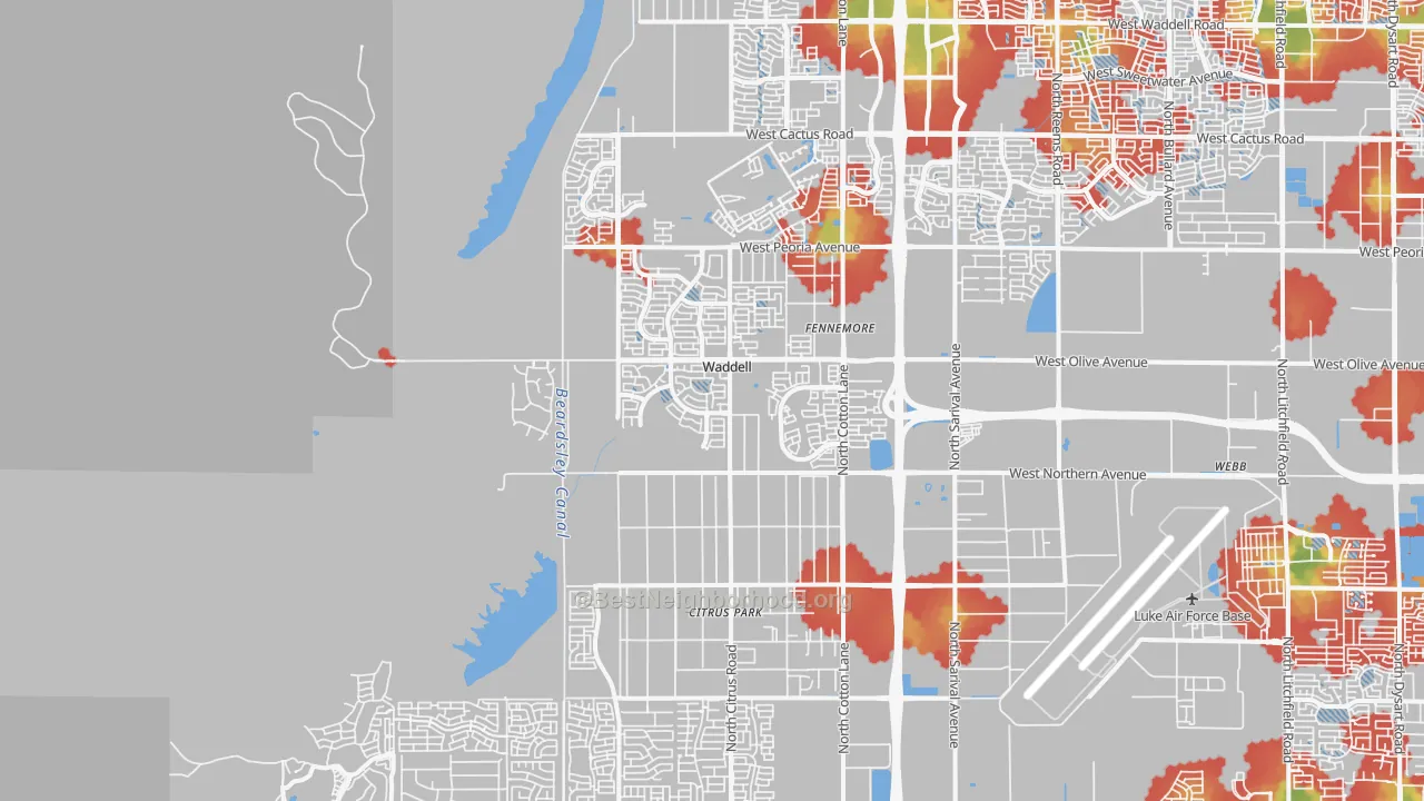 Walk Grade map of Waddell, AZ, walkable areas in green and car-dependent areas in red