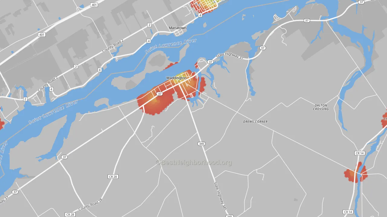 Walk Grade map of Waddington, NY, walkable areas in green and car-dependent areas in red