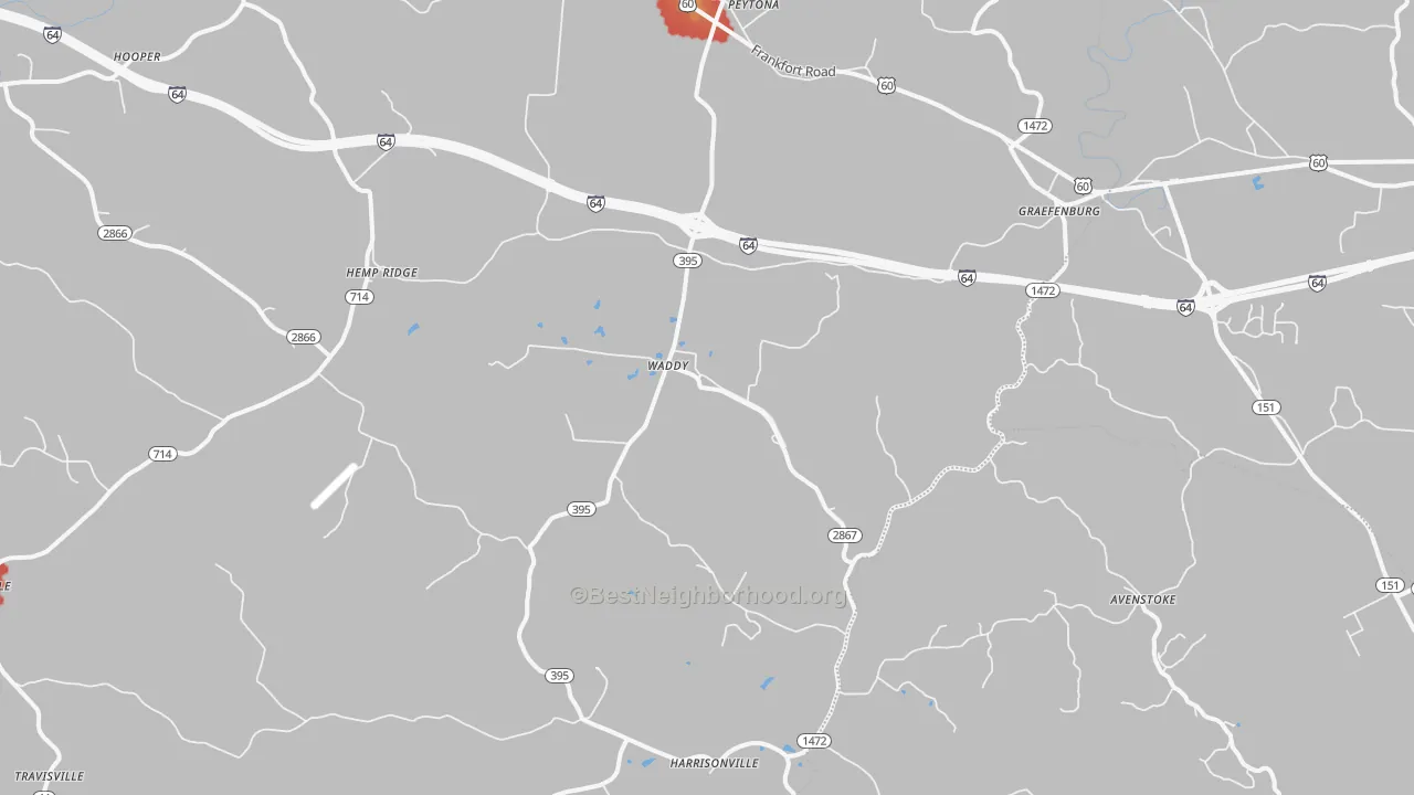 Walk Grade map of Waddy, KY, walkable areas in green and car-dependent areas in red
