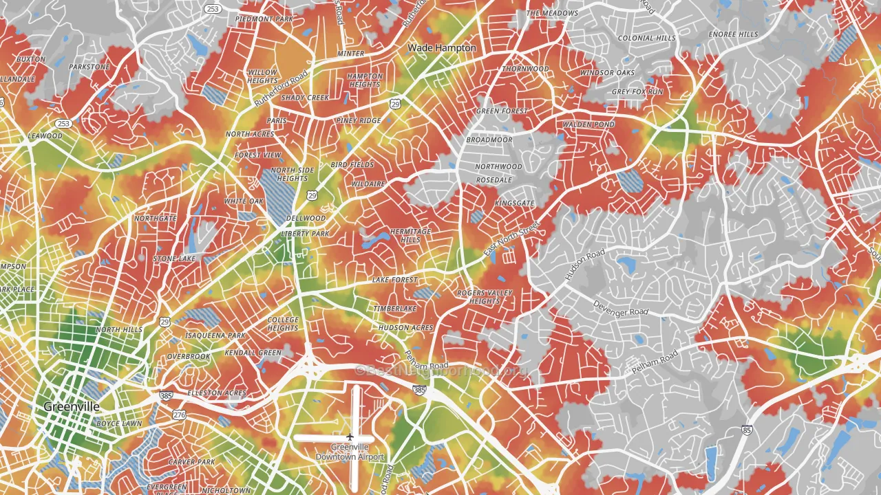 Walk Grade map of Wade Hampton, SC, walkable areas in green and car-dependent areas in red