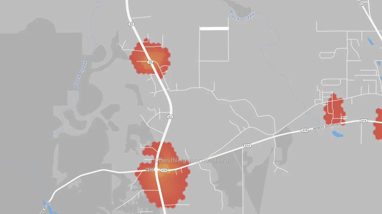 Walk Grade map of Wade, MS, walkable areas in green and car-dependent areas in red