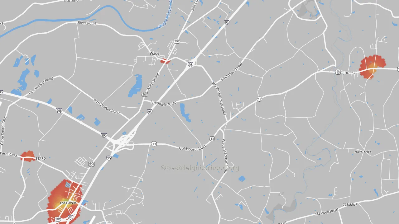 Walk Grade map of Wade, NC, walkable areas in green and car-dependent areas in red