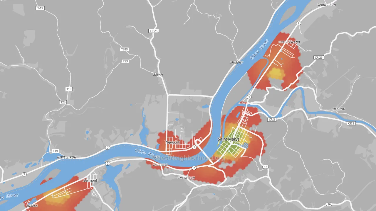 Walk Grade map of Wade, OH, walkable areas in green and car-dependent areas in red