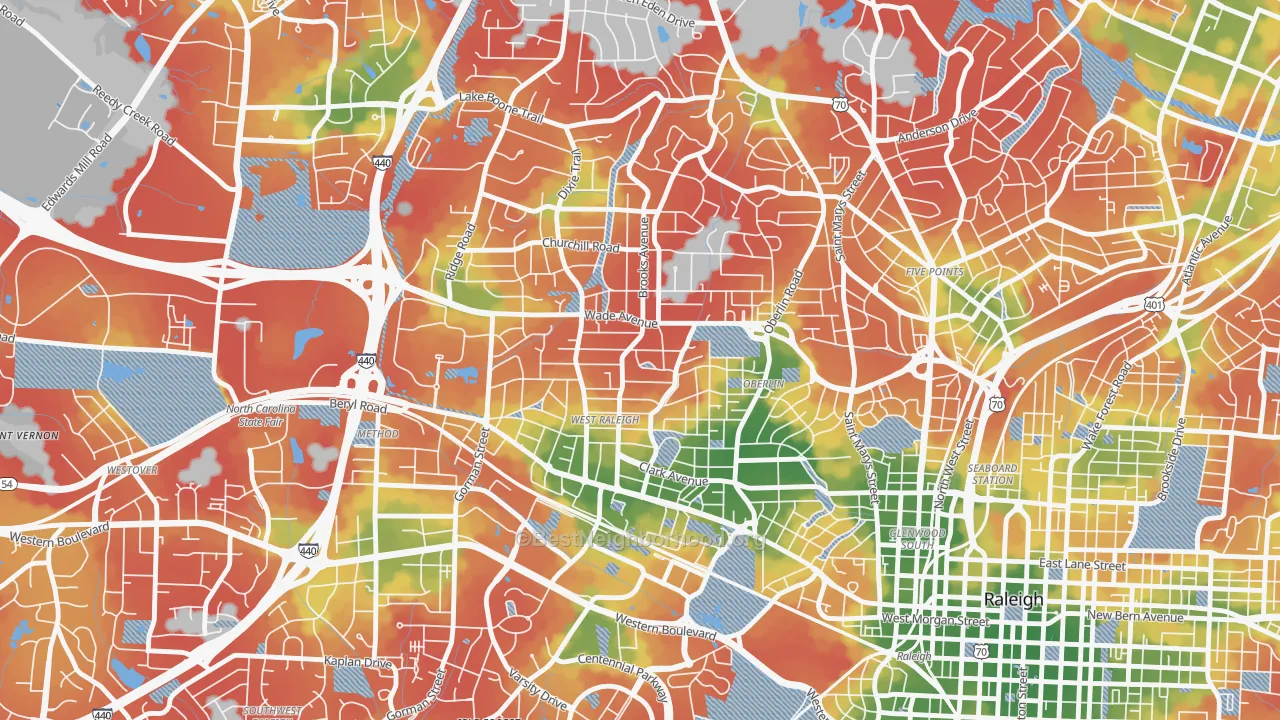Walk Grade map of Wade, Raleigh, NC, walkable areas in green and car-dependent areas in red