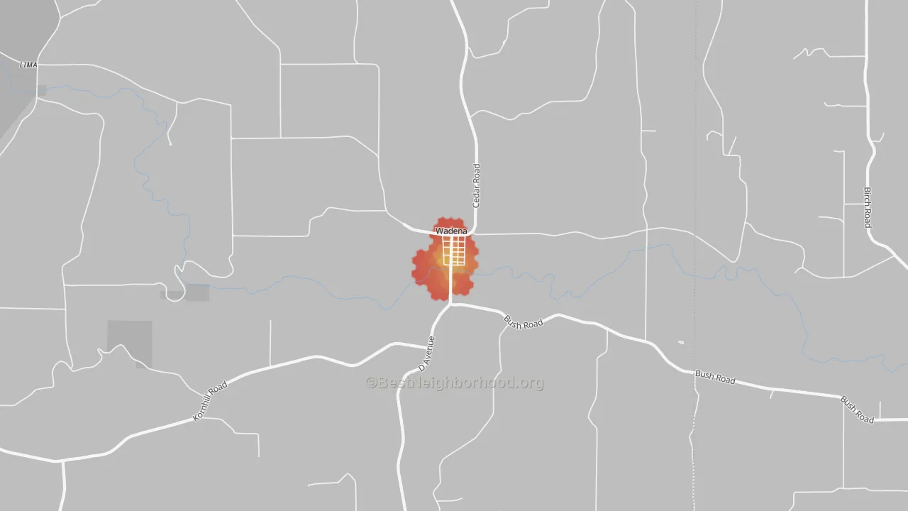 Walk Grade map of Wadena, IA, walkable areas in green and car-dependent areas in red