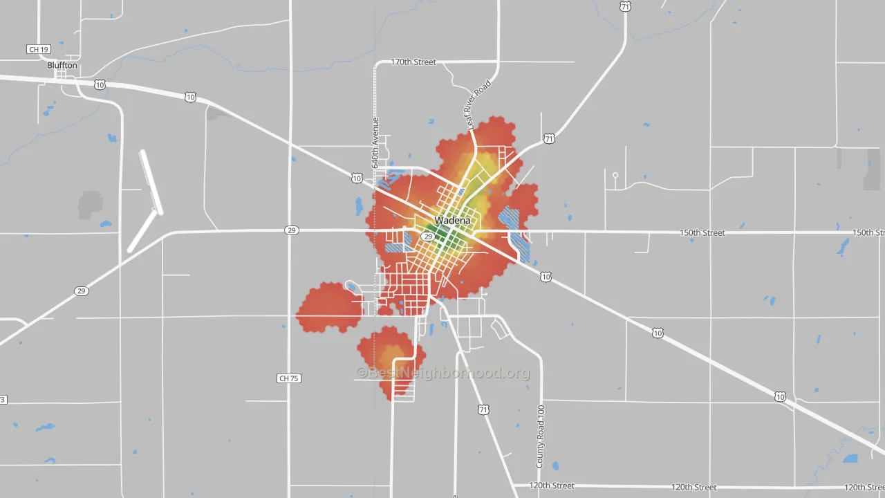 Walk Grade map of Wadena, MN, walkable areas in green and car-dependent areas in red