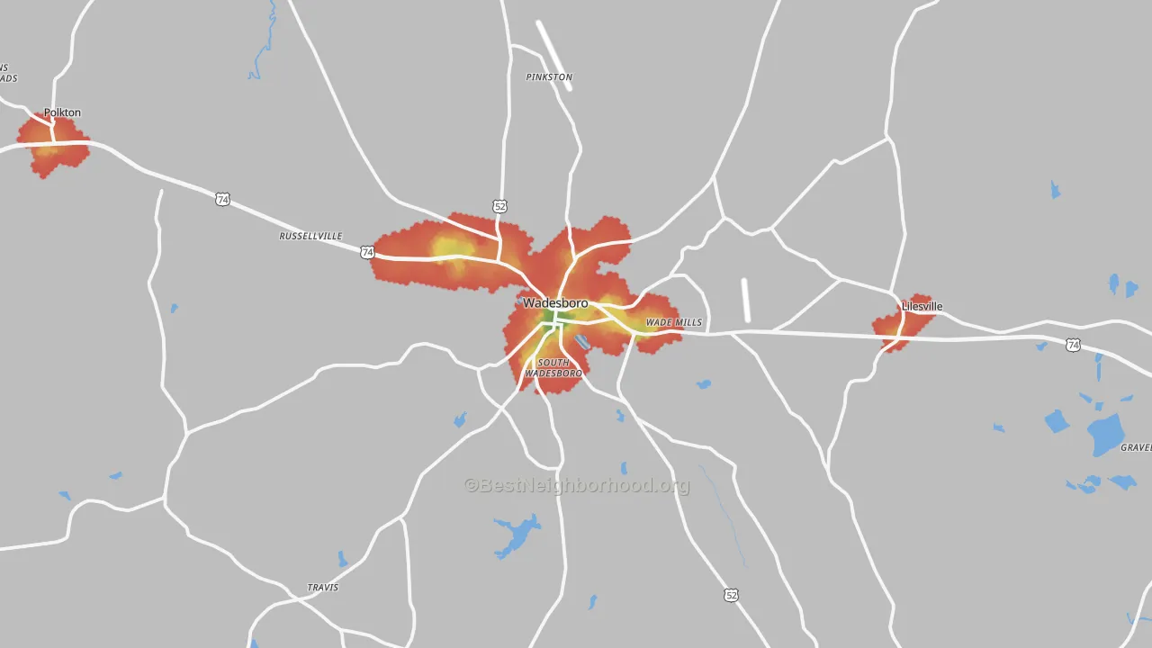 Walk Grade map of Wadesboro, NC, walkable areas in green and car-dependent areas in red