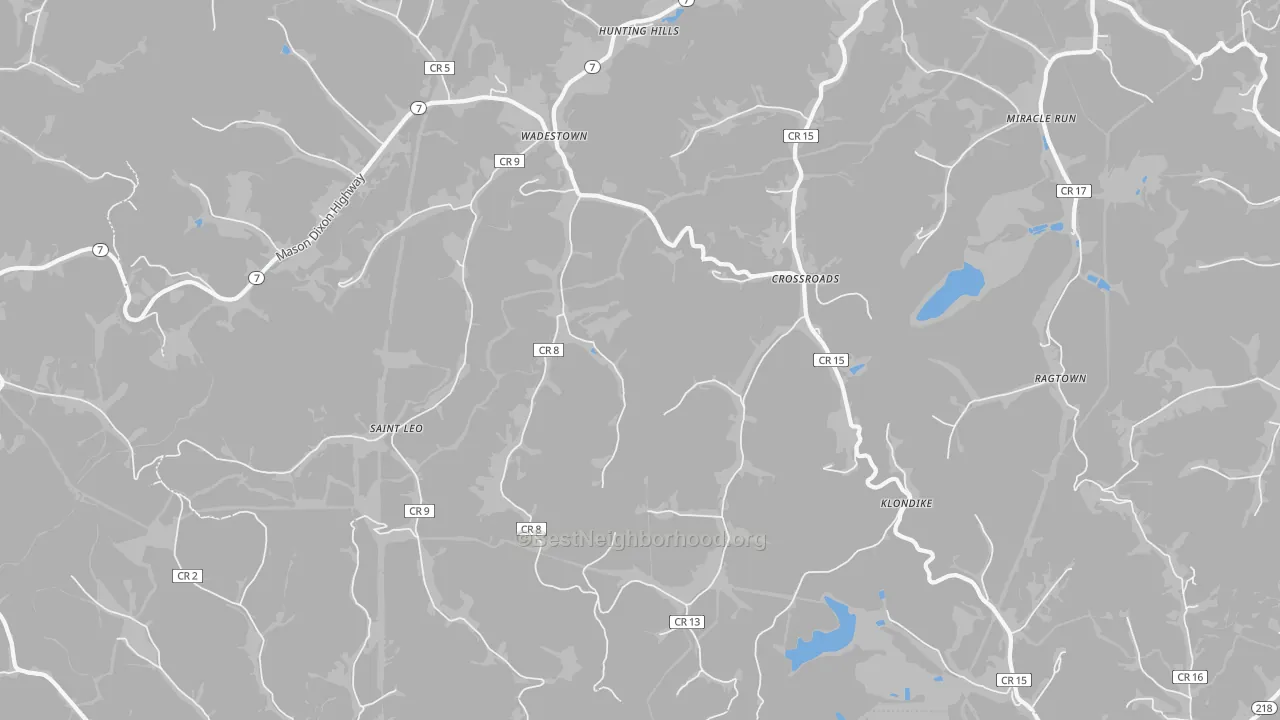 Walk Grade map of Wadestown, WV, walkable areas in green and car-dependent areas in red