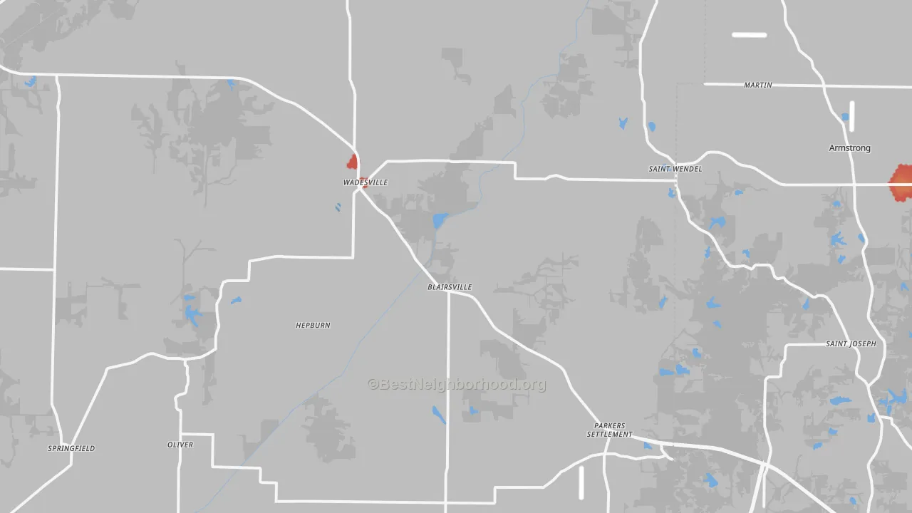 Walk Grade map of Wadesville, IN, walkable areas in green and car-dependent areas in red