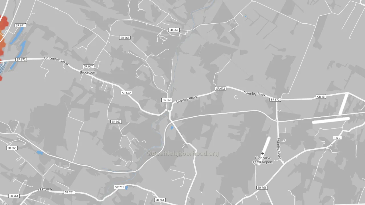 Walk Grade map of Wadesville, VA, walkable areas in green and car-dependent areas in red