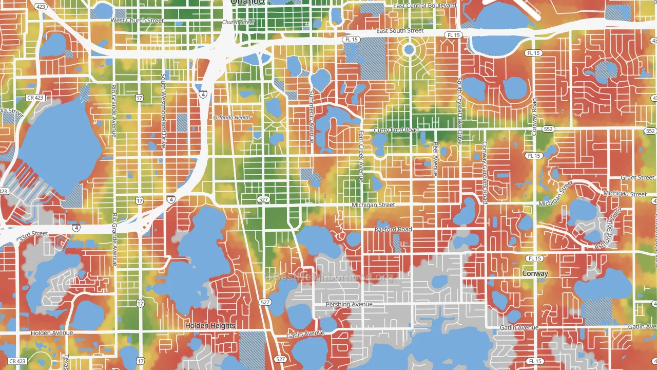 Walk Grade map of Wadeview Park, Orlando, FL, walkable areas in green and car-dependent areas in red