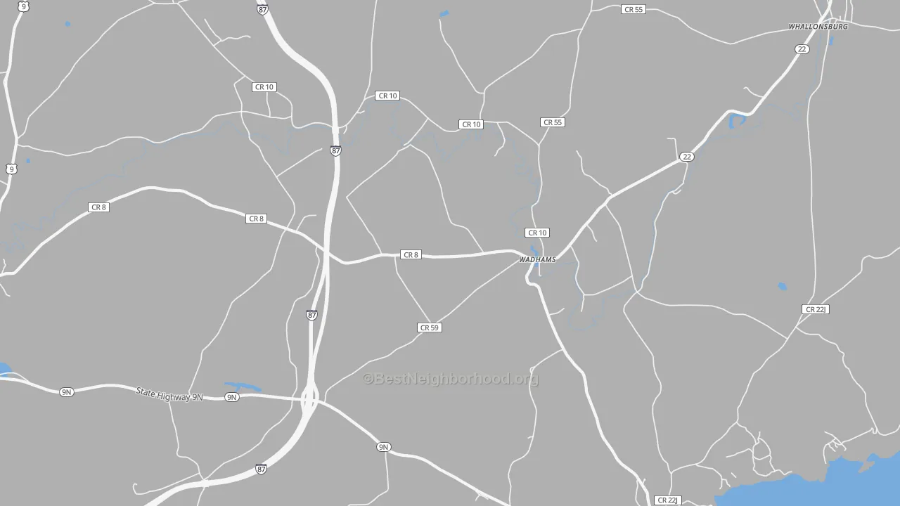 Walk Grade map of Wadhams, NY, walkable areas in green and car-dependent areas in red