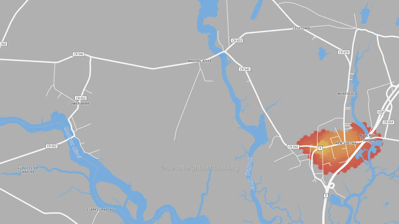 Walk Grade map of Wading River, NJ, walkable areas in green and car-dependent areas in red