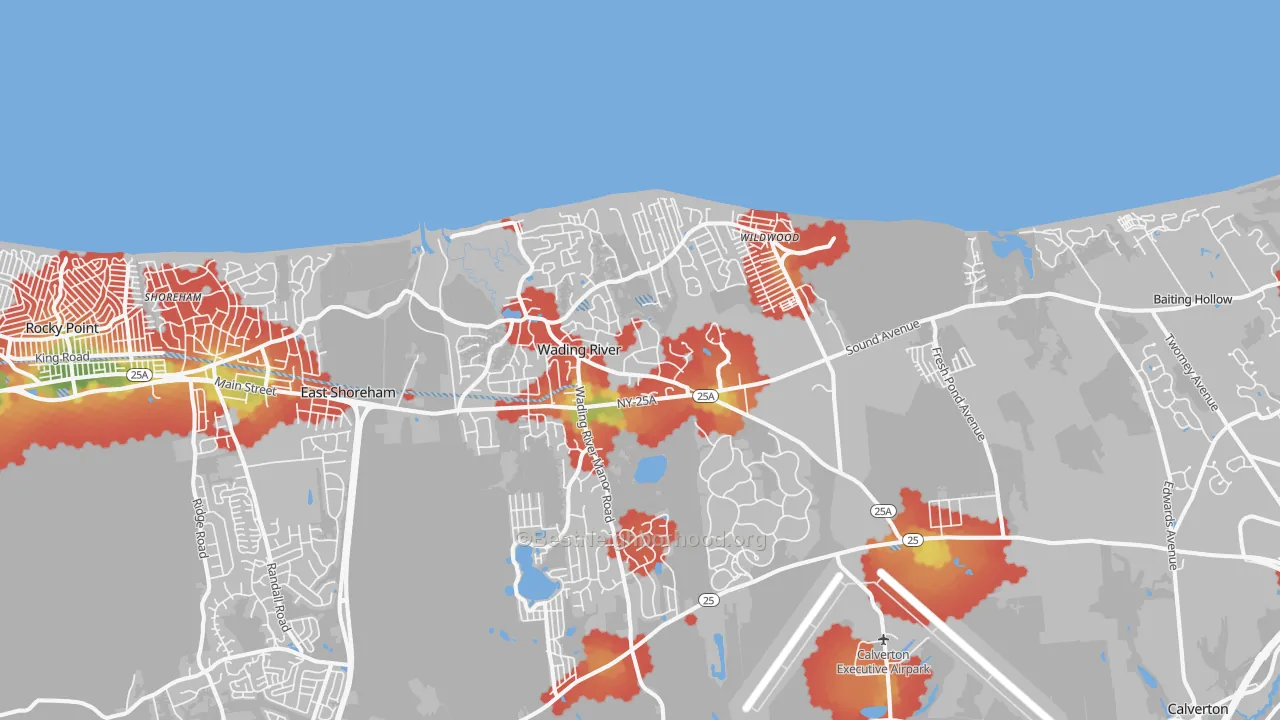 Walk Grade map of Wading River, NY, walkable areas in green and car-dependent areas in red