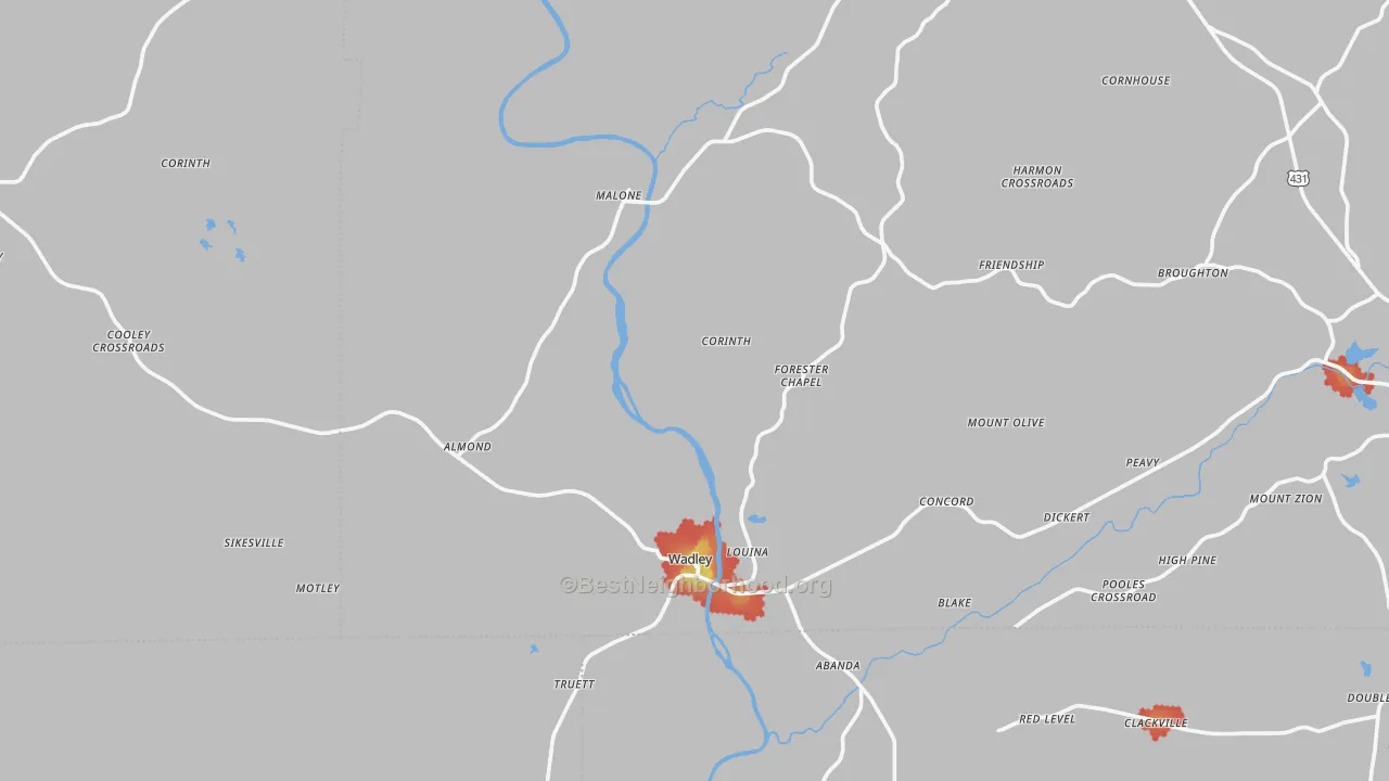 Walk Grade map of Wadley, AL, walkable areas in green and car-dependent areas in red