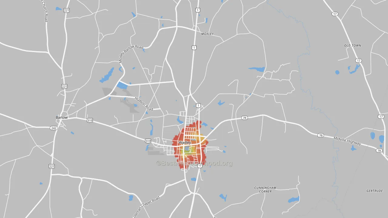 Walk Grade map of Wadley, GA, walkable areas in green and car-dependent areas in red