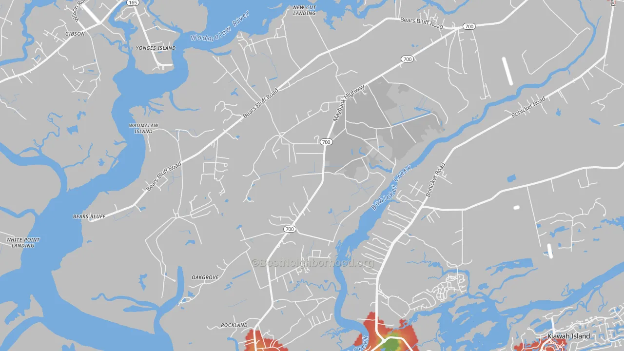 Walk Grade map of Wadmalaw Island, SC, walkable areas in green and car-dependent areas in red