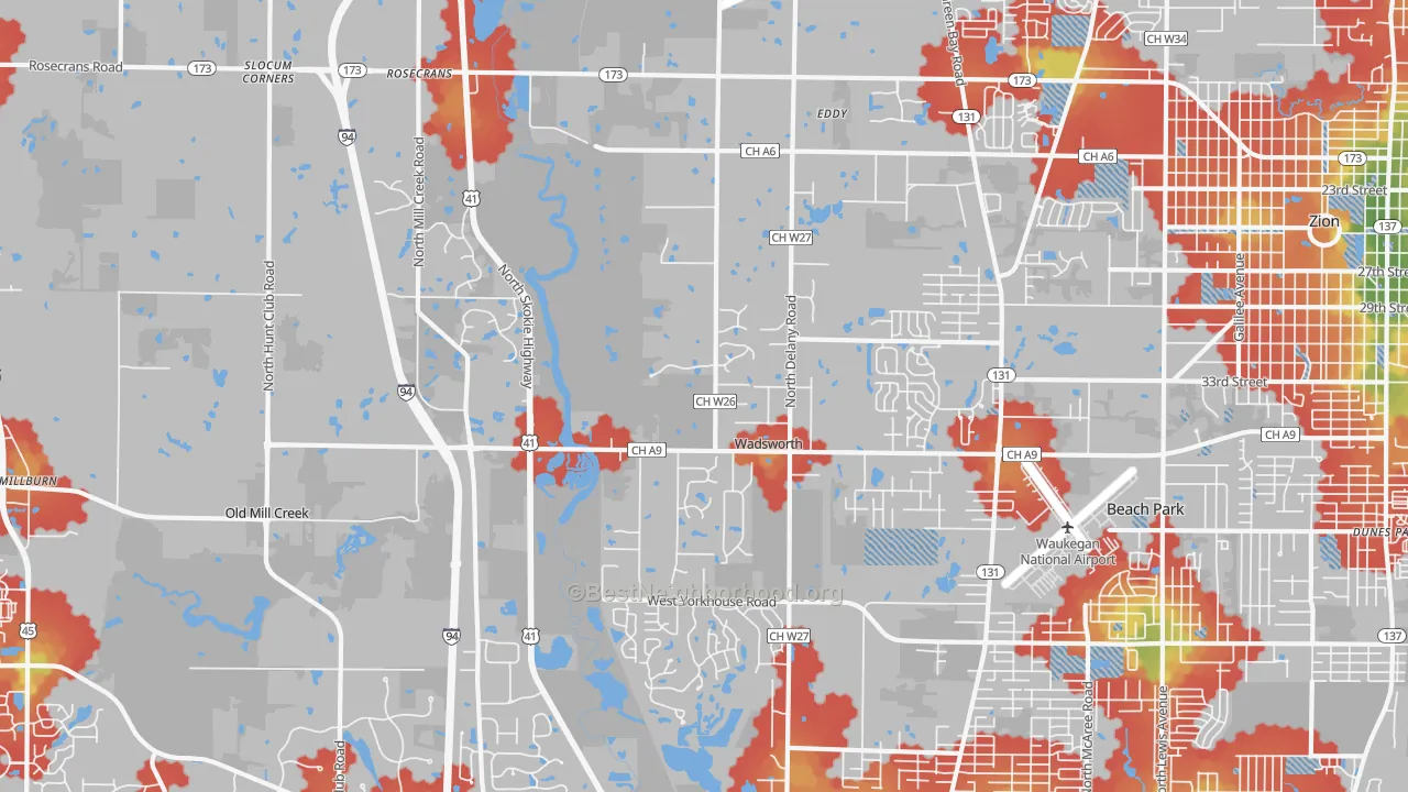 Walk Grade map of Wadsworth, IL, walkable areas in green and car-dependent areas in red