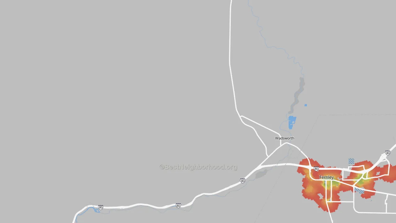 Walk Grade map of Wadsworth, NV, walkable areas in green and car-dependent areas in red
