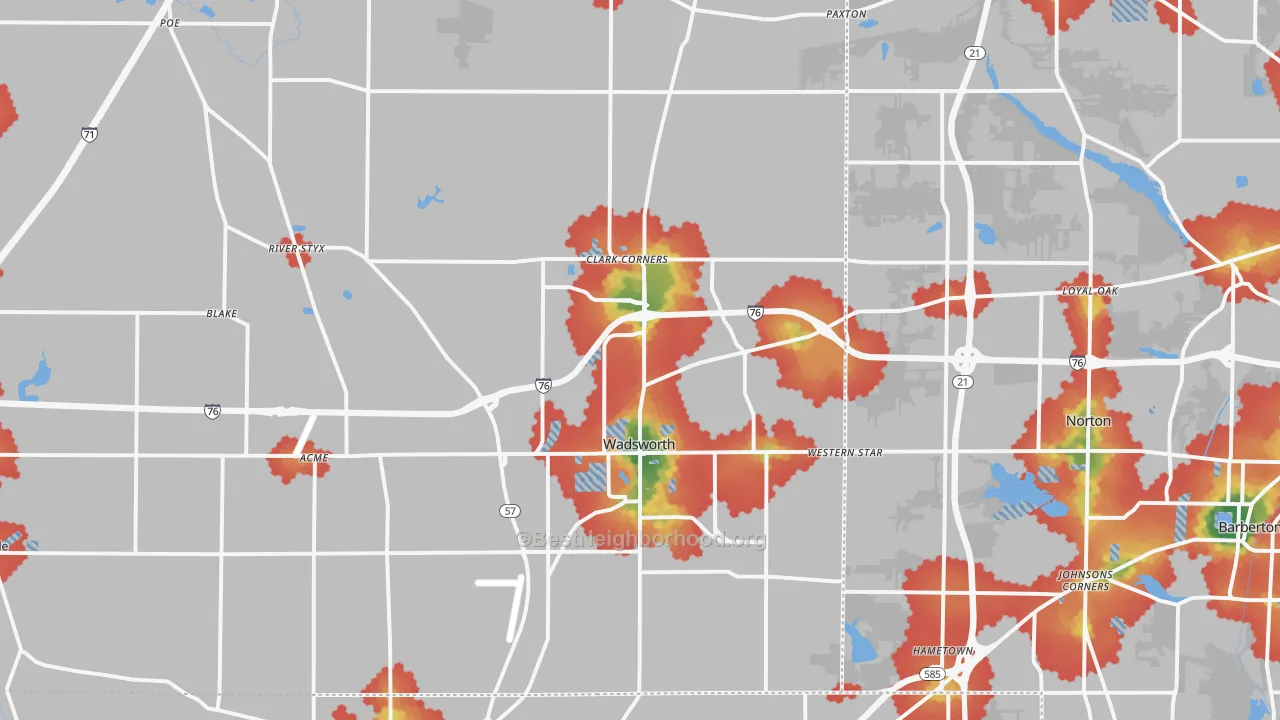 Walk Grade map of Wadsworth, OH, walkable areas in green and car-dependent areas in red