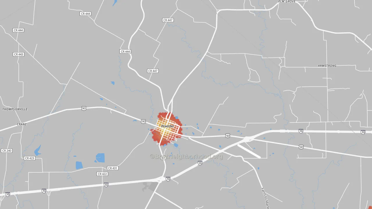 Walk Grade map of Waelder, TX, walkable areas in green and car-dependent areas in red