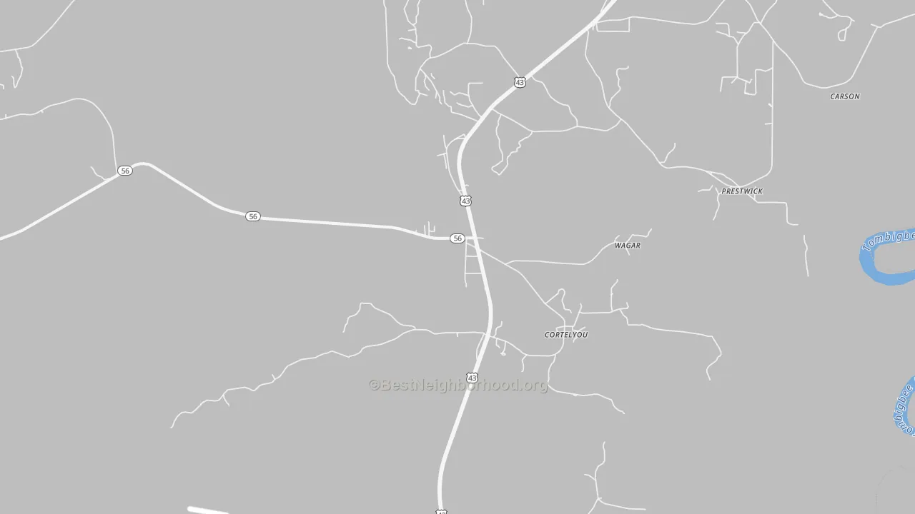 Walk Grade map of Wagarville, AL, walkable areas in green and car-dependent areas in red