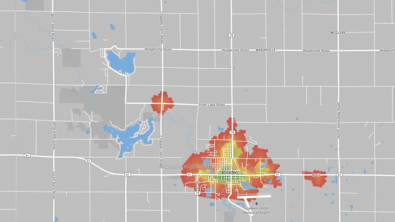 Walk Grade map of Wagarville, MI, walkable areas in green and car-dependent areas in red