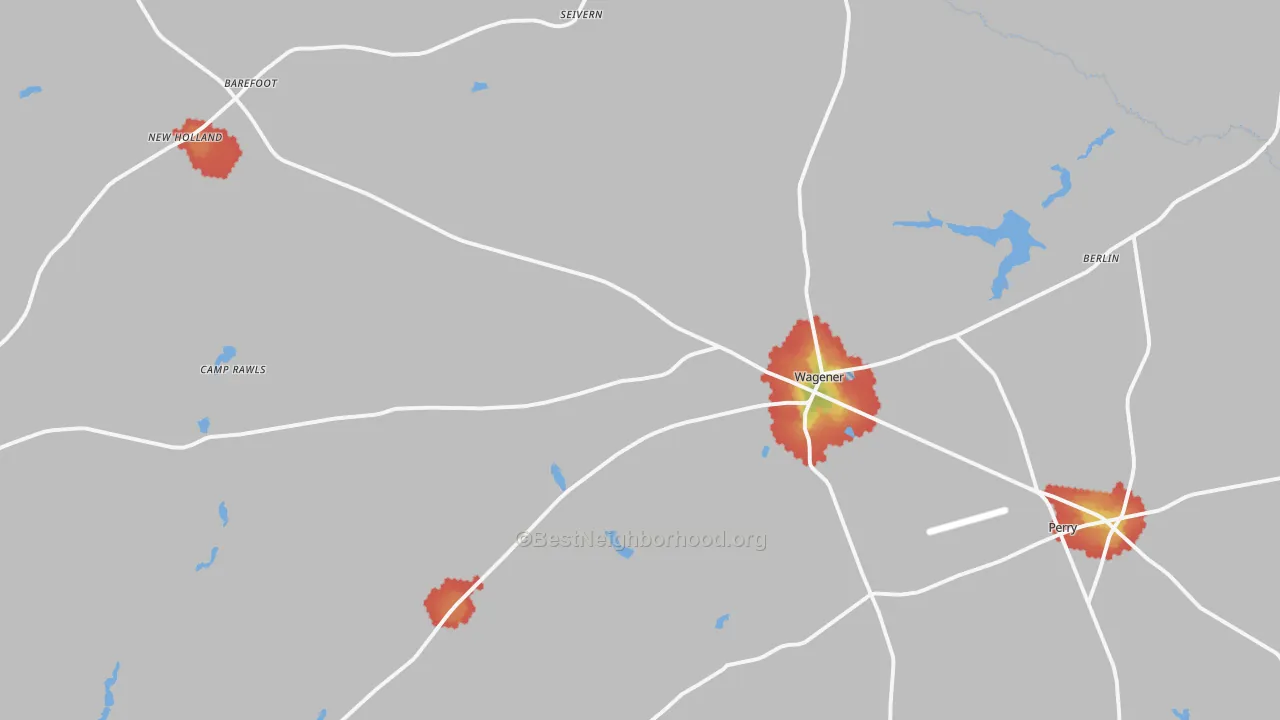 Walk Grade map of Wagener, SC, walkable areas in green and car-dependent areas in red