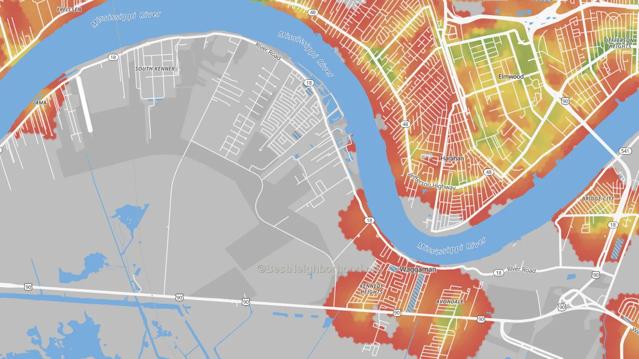 Walk Grade map of Waggaman, LA, walkable areas in green and car-dependent areas in red