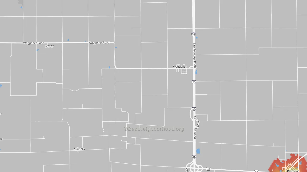 Walk Grade map of Waggoner, IL, walkable areas in green and car-dependent areas in red