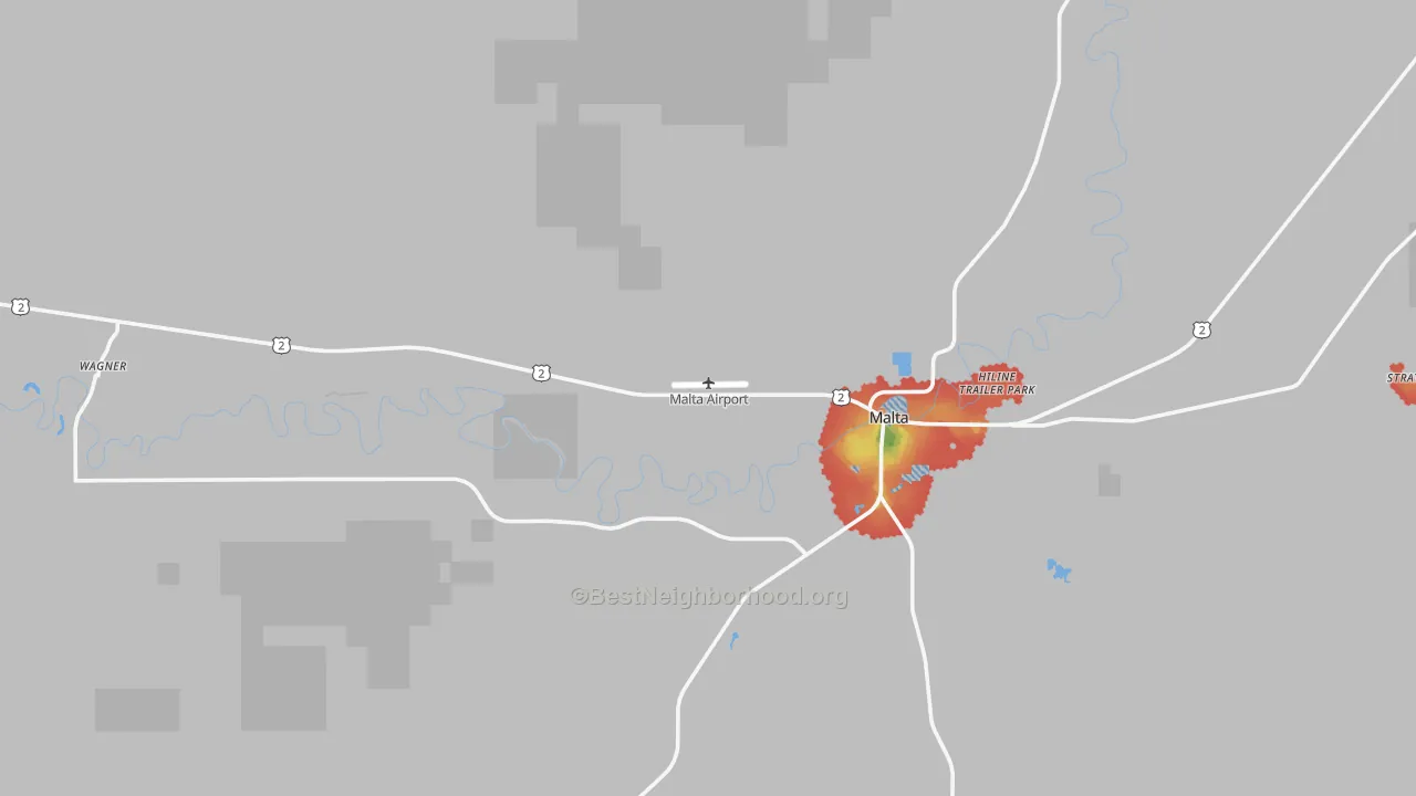 Walk Grade map of Wagner, MT, walkable areas in green and car-dependent areas in red