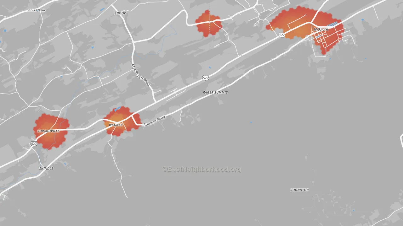 Walk Grade map of Wagner, PA, walkable areas in green and car-dependent areas in red