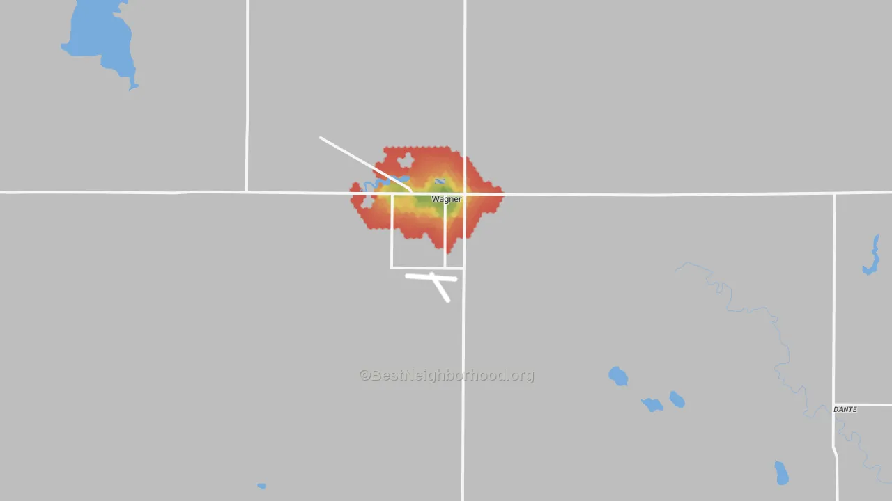 Walk Grade map of Wagner, SD, walkable areas in green and car-dependent areas in red